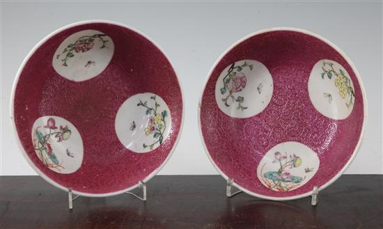 A pair of Chinese ruby ground bowls, Republic period, 18.5cm